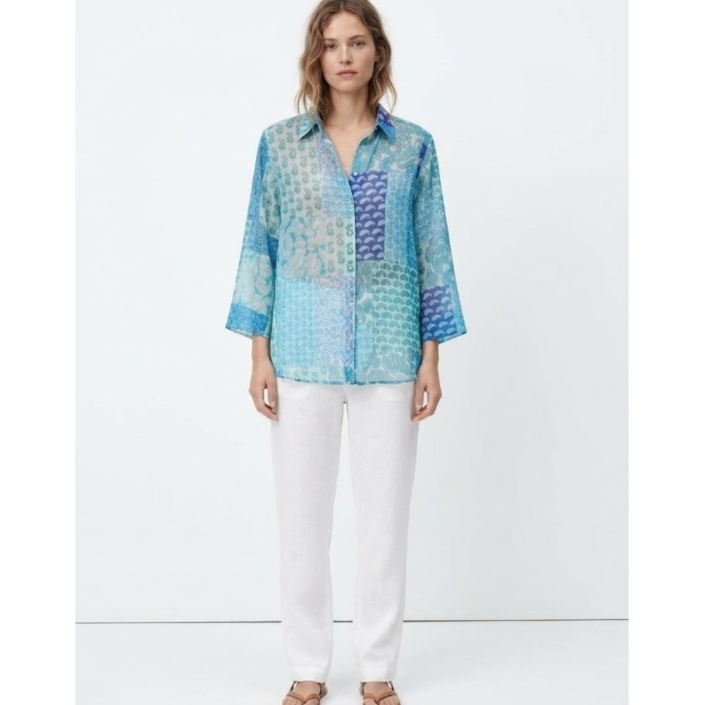 Zara Medium Blue Patchwork Boho Print Flare Sleeve Relaxed Button Up Festival